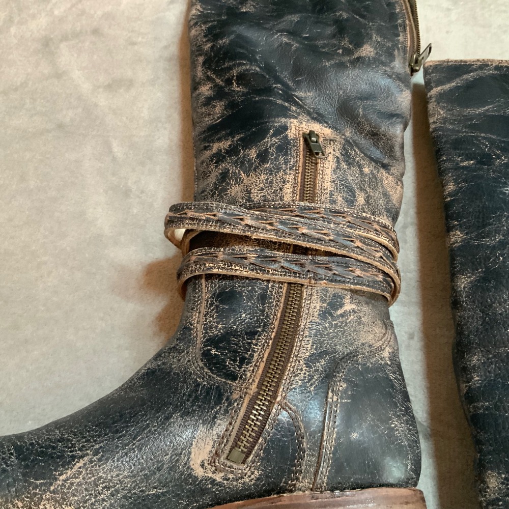 Bed|Stu Eva Distressed Black Lux Leather Knee High Harness Boot Vibram Sole Sz 9 - Picture 6 of 13